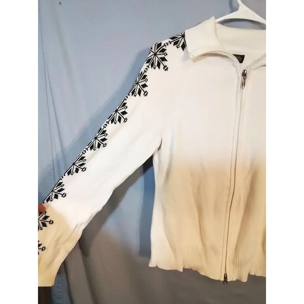 Eddie Bauer; white zip sewater with snowflake pattern